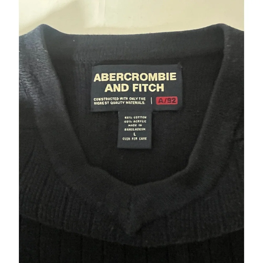 Vintage Abercrombie and Fitch Mens Navy V-Neck Ribbed Knit Sweater Logo Lg Y2K